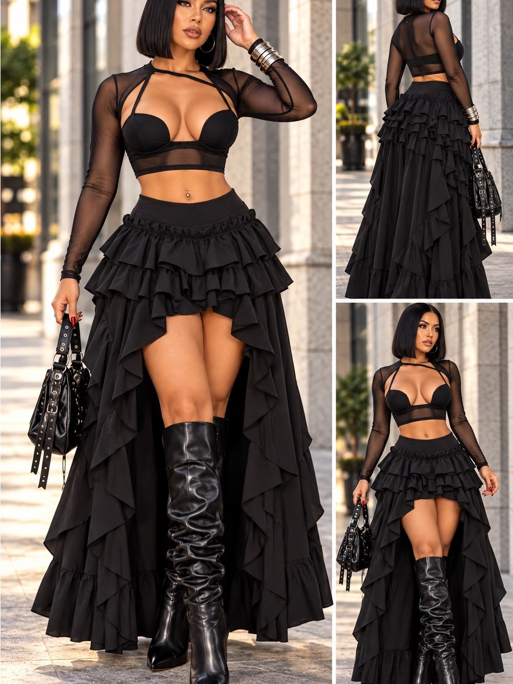 Black High-Low Ruffle Maxi Skirt with Tiered Layers